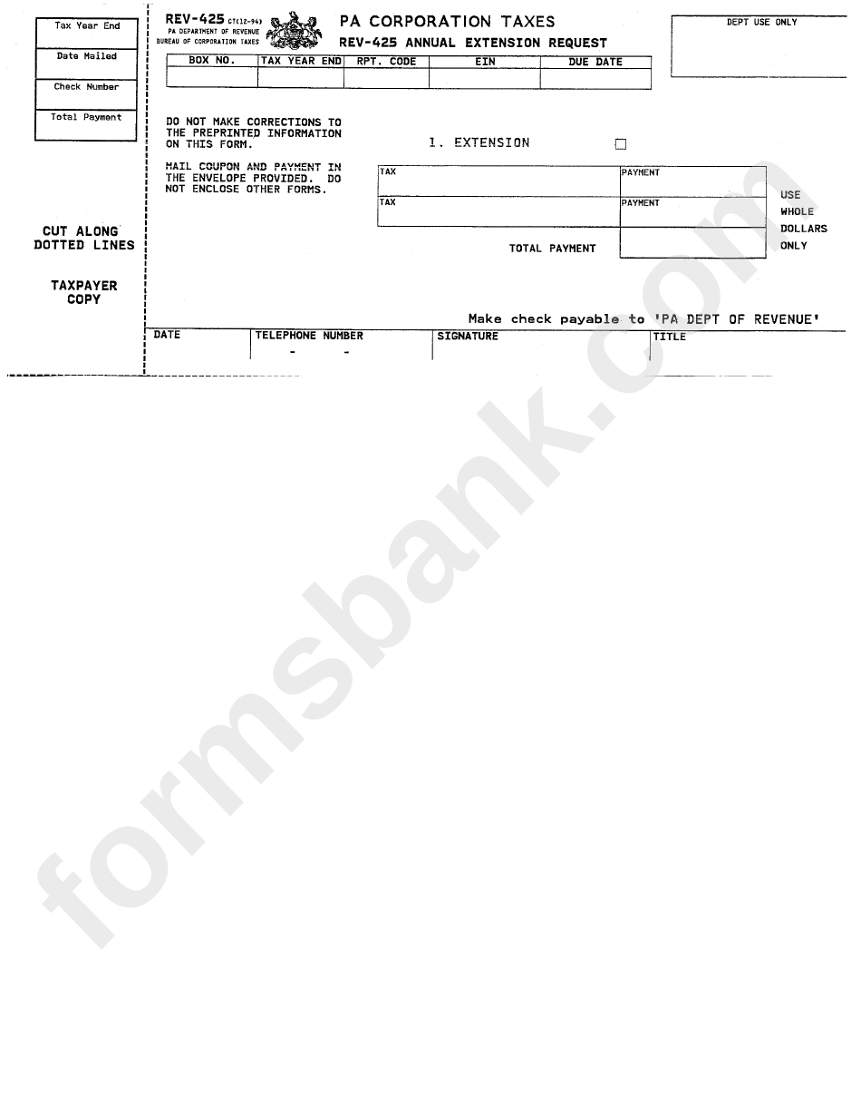 Form Rev-425 - Annual Extension Request Form - Pa Department Of Revenue - Pennsylvania