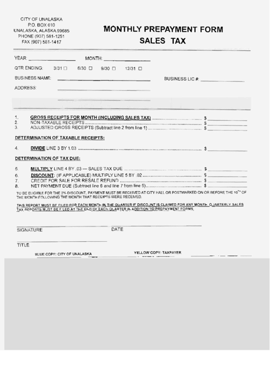 Monthly Prepayment Form (Sales Tax) - City Of Unalaska - Alaska Printable pdf