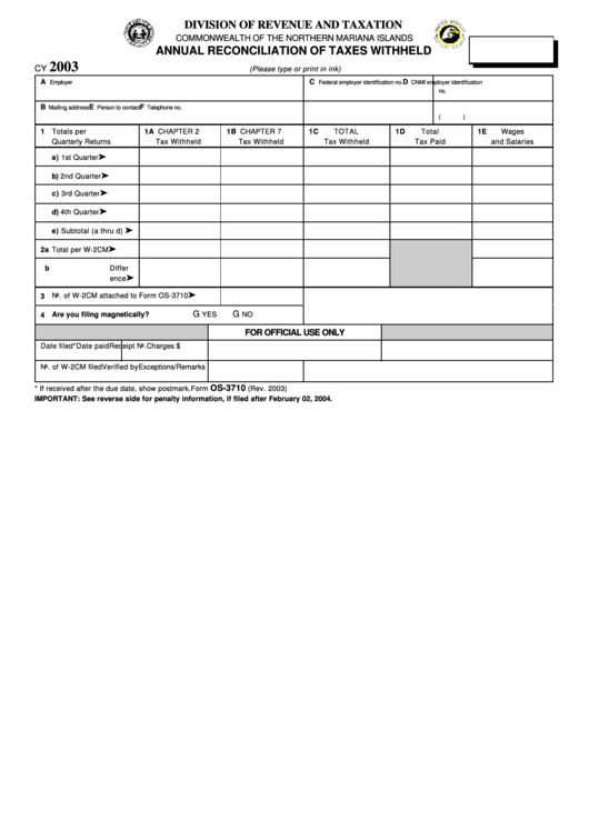 Form Os-3710 - Annual Reconciliation Of Taxes Withheld Printable pdf