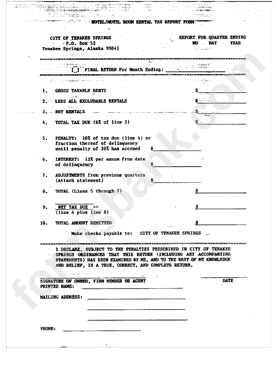 Hotel/motel Room Rental Tax Report Form - City Of Tenakee Springs - Alaska