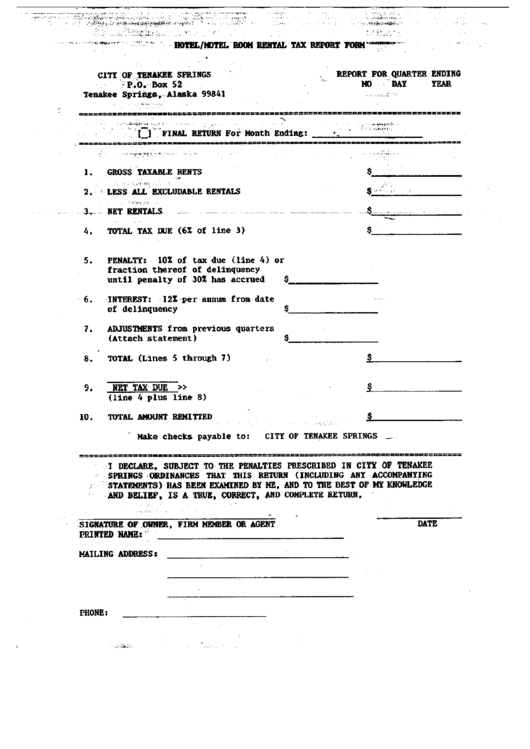 Hotel/motel Room Rental Tax Report Form - City Of Tenakee Springs - Alaska Printable pdf