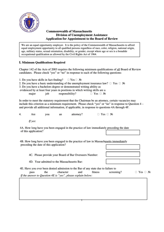 Application For Appointment To The Board Of Review Printable pdf