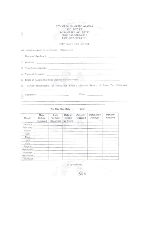 City Sales Tax License Form - City Of Shishmaref - Alaska Printable pdf