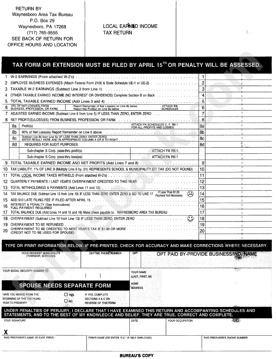 Local Earned Tax Return Form printable pdf download