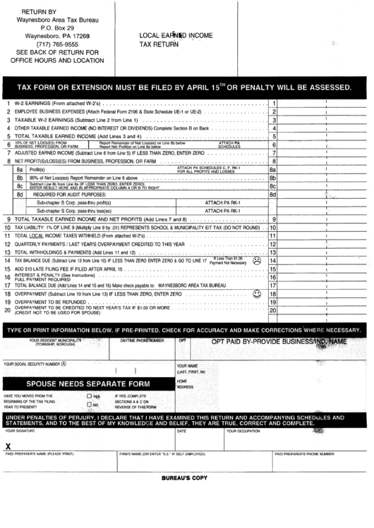 Local Earned Income Tax Return Form Printable Pdf Download