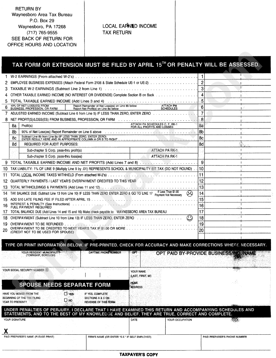 Local Earned Income Tax Return Form