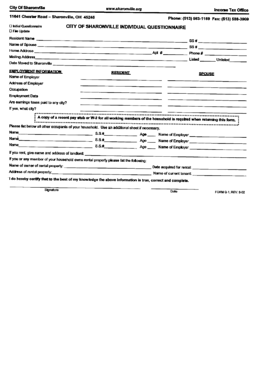 Form Q-1 - Individual Questionnaire Printable pdf