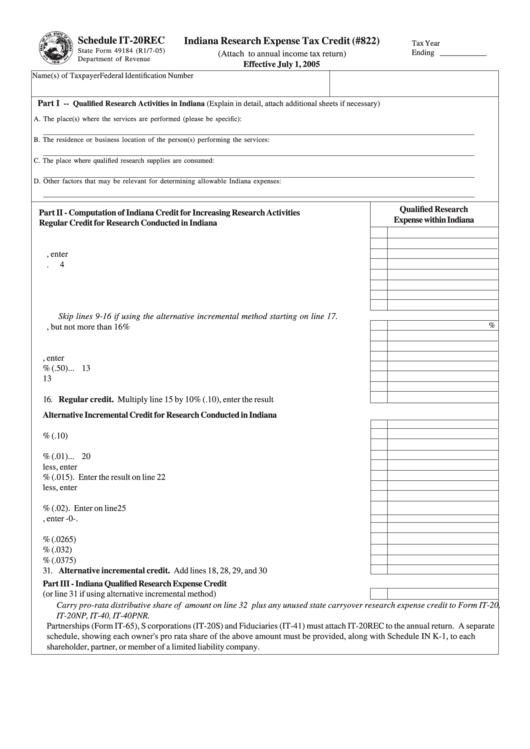 Form 49184 - Indiana Research Expense Tax Credit (#822) Form - Schedule It-20rec Printable pdf
