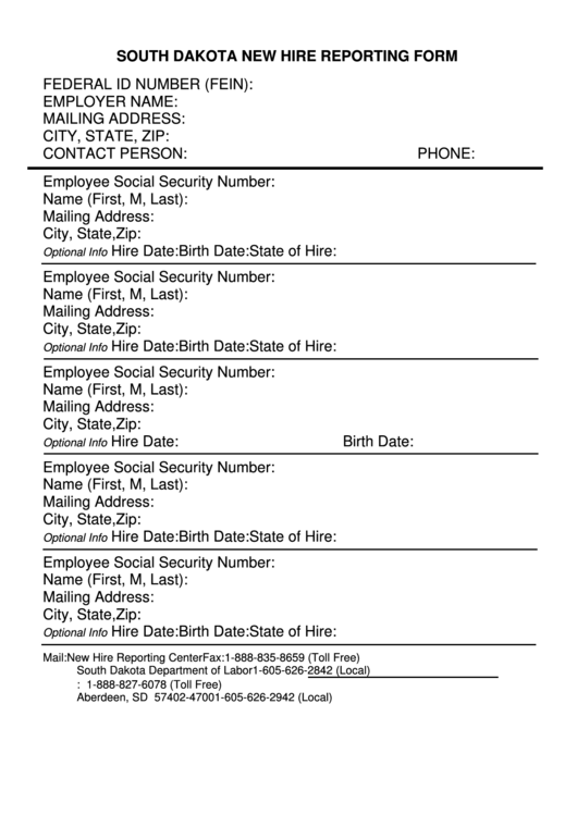 Fillable South Dakota New Hire Reporting Form Printable pdf