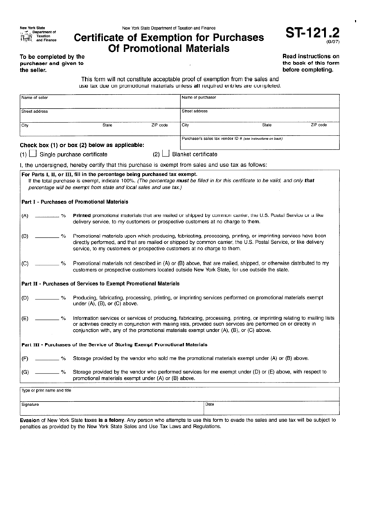 Form St-121.2 - Certificate Of Exemption For Purchases Of Promotional Materials Form Printable pdf