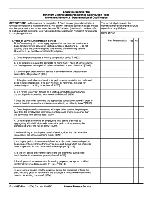 Fillable Form 5623 - Minimum Vesting Standards Defined Contribution Plans Printable pdf