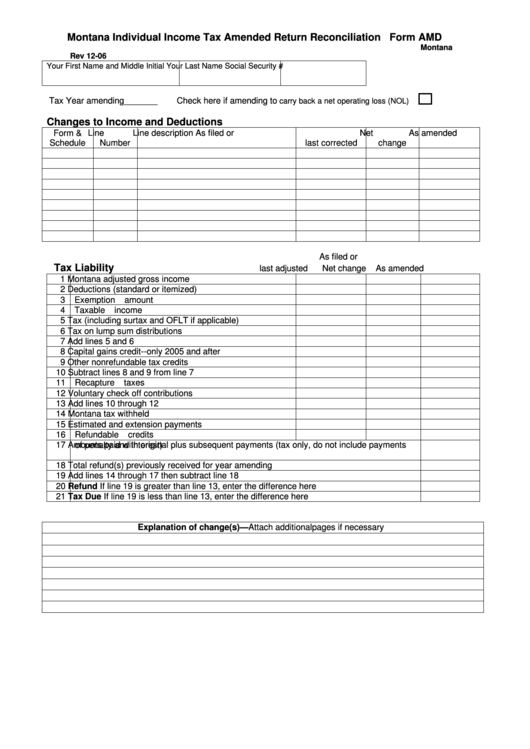 Fillable Form Amd - Individual Income Tax Amended Return Reconciliation Printable pdf