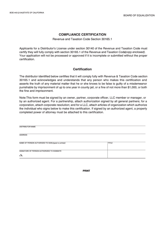 Fillable Form Boe-443 - Compliance Certification Printable pdf