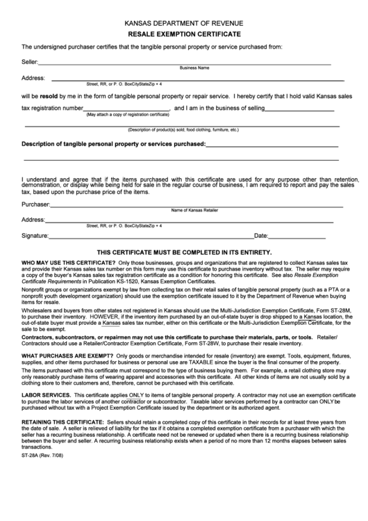 Form St-28a - Resale Exemption Certificate Printable pdf