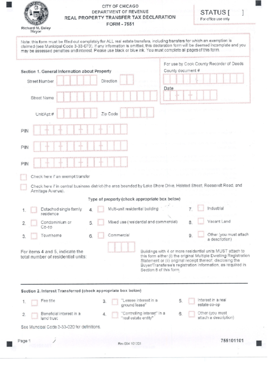 Form 7551 - Real Property Transfer Tax Declaration Form Printable pdf