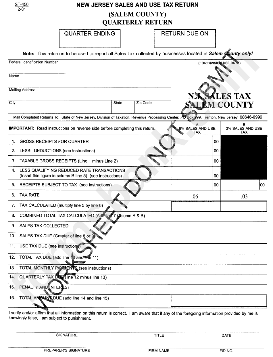 Form St - 450 - New Jersey Sales And Tax Return (Salem County) Quarterly Return