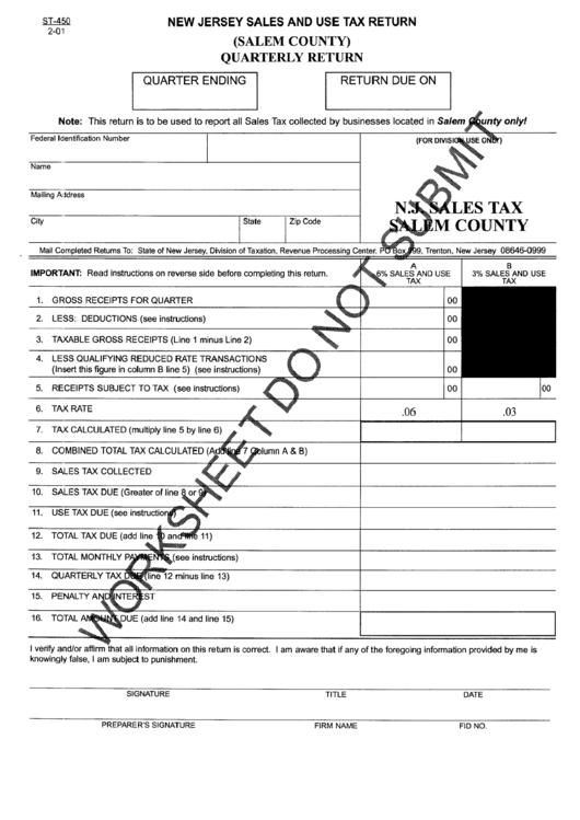 Form St - 450 - New Jersey Sales And Tax Return (Salem County) Quarterly Return Printable pdf