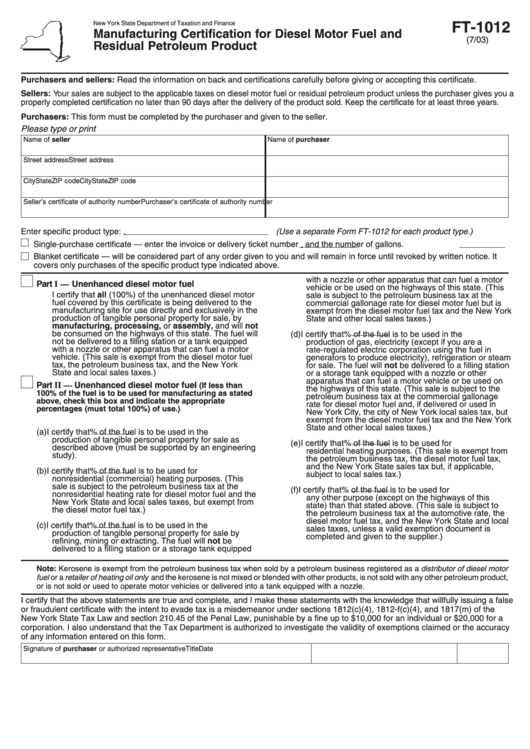 Form Ft-1012 - Manufacturing Certification For Diesel Motor Fuel And Residual Petroleum Product Form Printable pdf