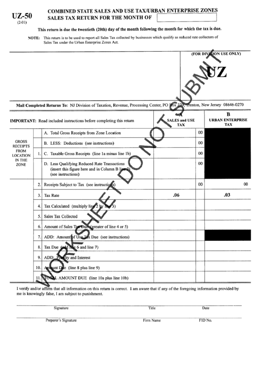 Form Uz - 50 - Combined State Sales And Use Tax/urban Enterprise Zones Sales Tax Return For The Month Of Form Printable pdf