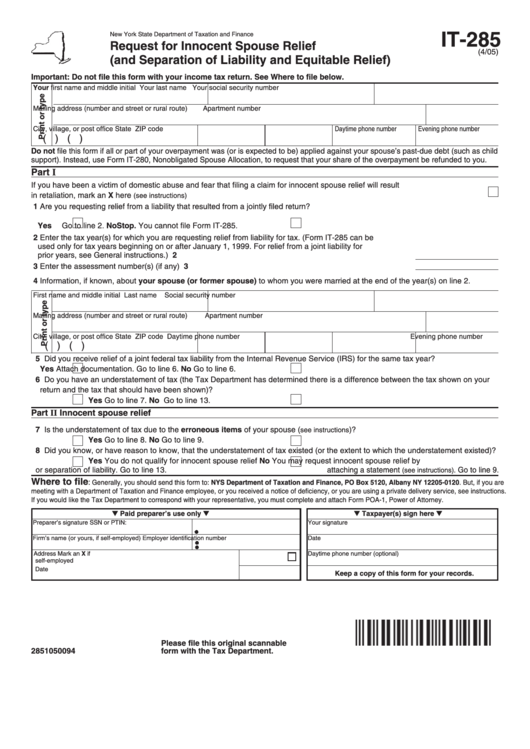 Fillable Form It-285 - Request For Innocent Spouse Relief (And Separation Of Liability And Equitable Relief) Form Printable pdf