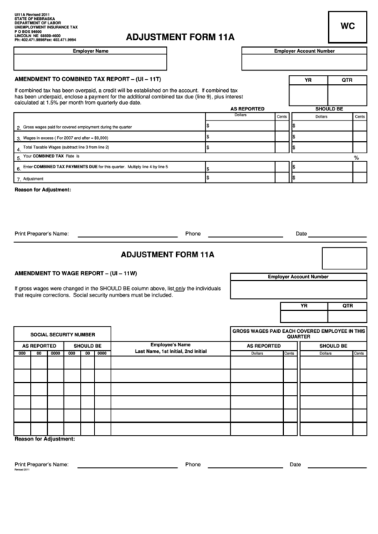 Adjustment Form 11a - Amendment To Combined Tax Report Printable pdf