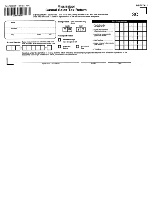 Form 72-030-01-1-1-000 - Casual Sales Tax Return Printable pdf