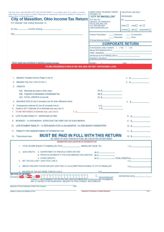 Income Tax Return Form - City Of Massillon - Ohio Printable pdf