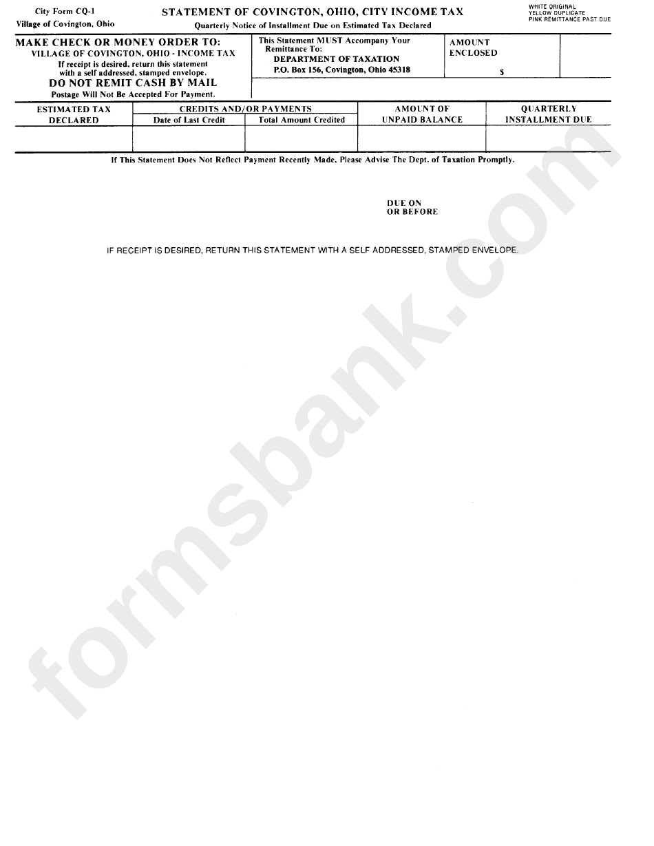 Form Cq-1 - City Income Tax - Statement Of Covington - Ohio