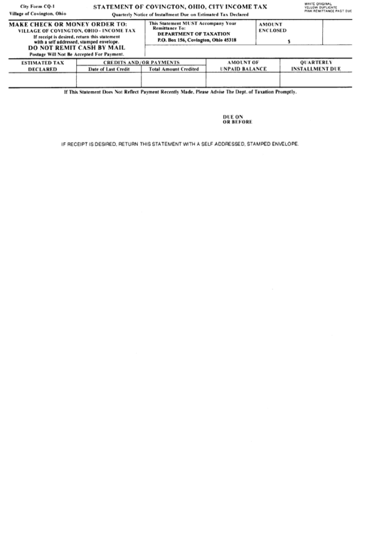 Form Cq-1 - City Income Tax - Statement Of Covington - Ohio Printable pdf