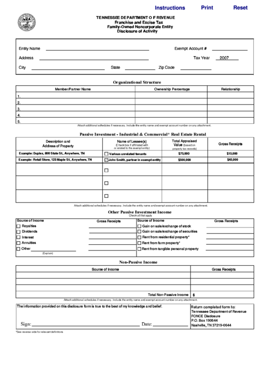 Franchise And Excise Tax - Family-Owned Noncorporate Entity - Disclosure Of Activity - Tennessee Department Of Revenue Form Printable pdf