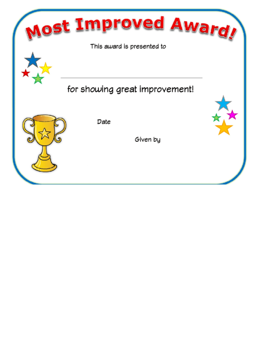 Most Improved Award Template - Funny Stars Printable pdf