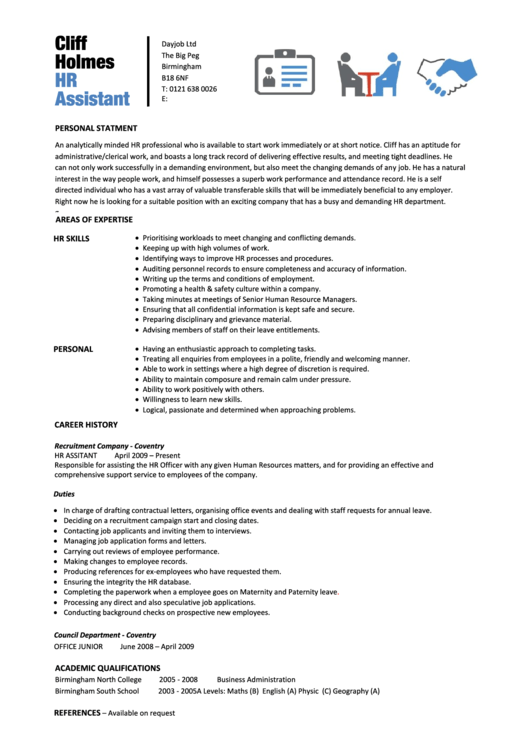 Personal Summary Template - Hr Assistant - Brief Printable pdf