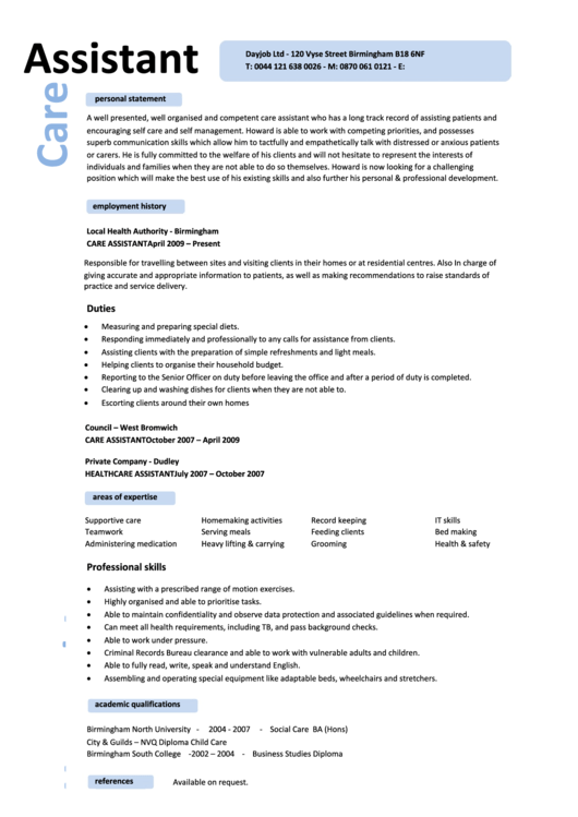 care assistant personal statement no experience