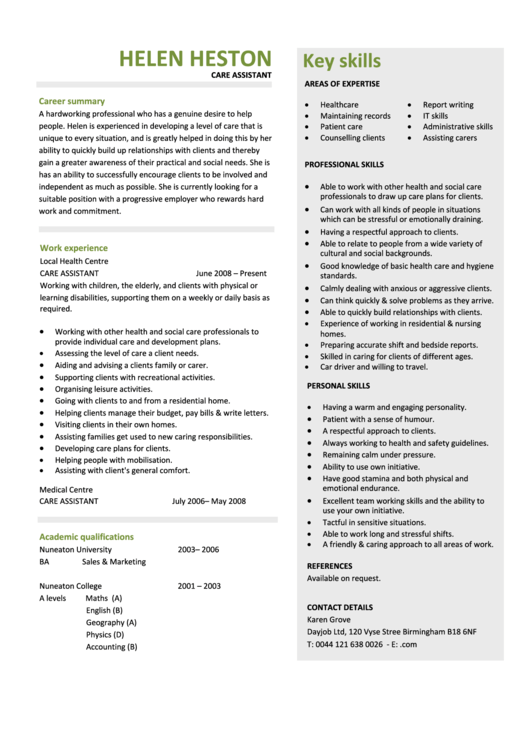 Personal Summary Template - Care Assistant Resume Printable pdf