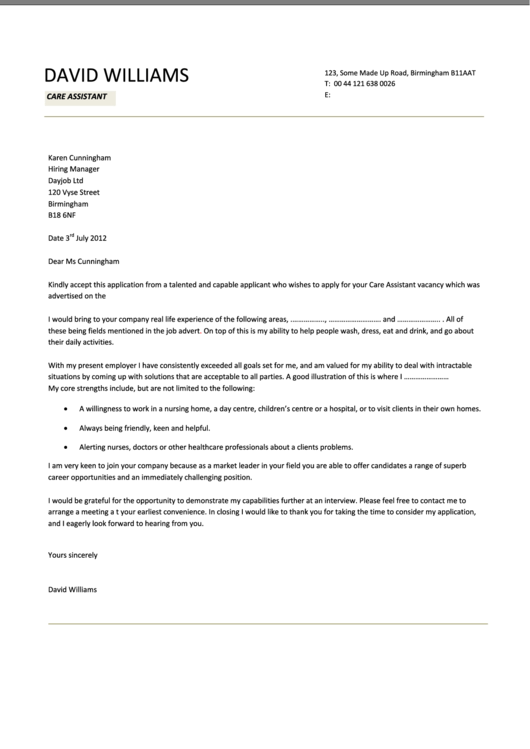 cover letter for care assistant uk