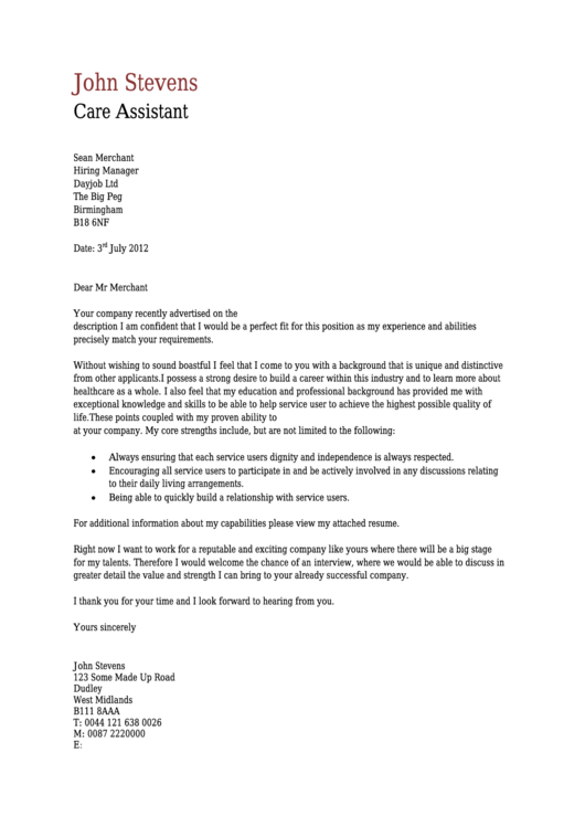 cover letter template for care assistant