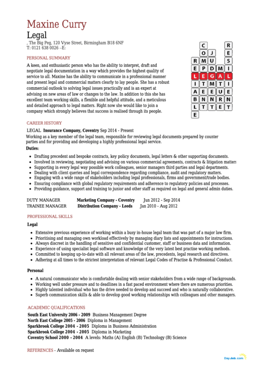 Personal Summary Template - Job Resume Printable pdf