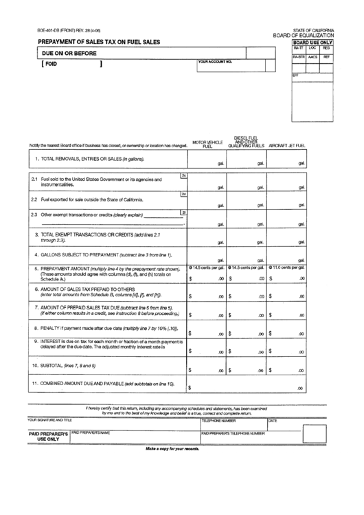 Form Boe-401-Db - Prepayment Of Sales Tax On Fuel Sales Printable pdf