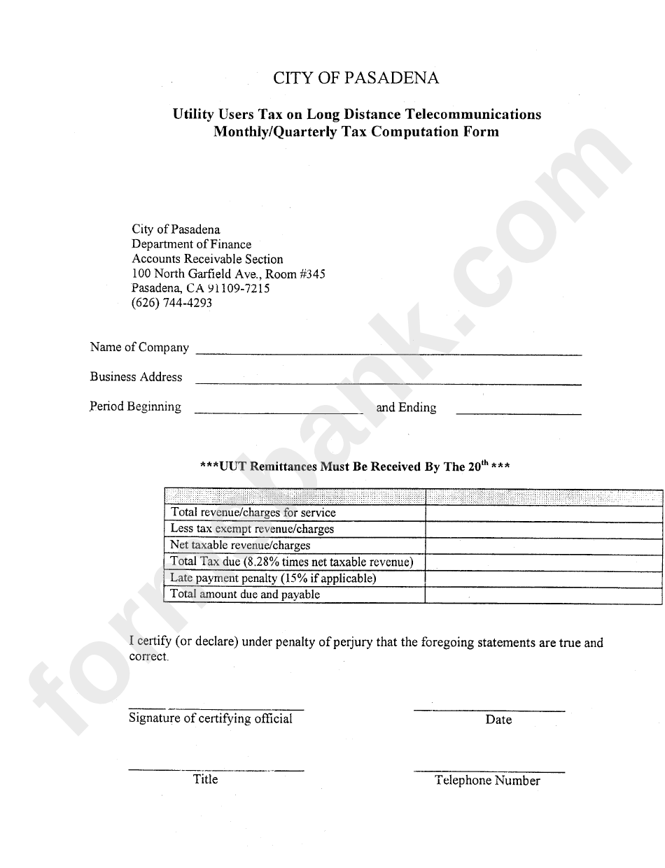 Utility Users Tax On Long Distance Telecommunications Monthly/quarterly Tax Computation Form - City Of Pasadena Department Of Finance
