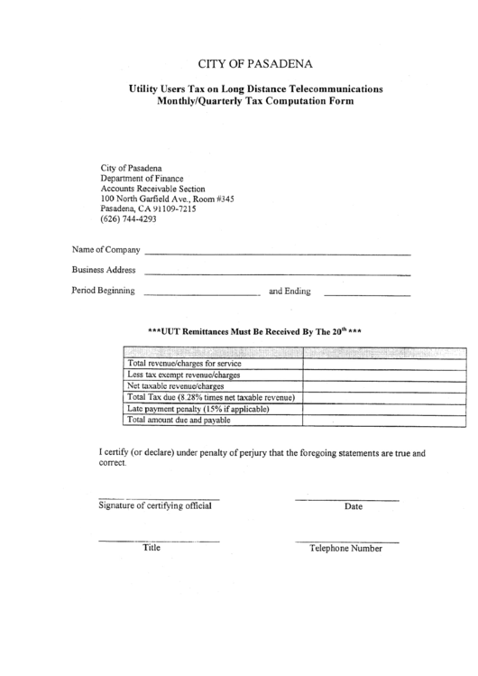 Utility Users Tax On Long Distance Telecommunications Monthly/quarterly Tax Computation Form - City Of Pasadena Department Of Finance Printable pdf