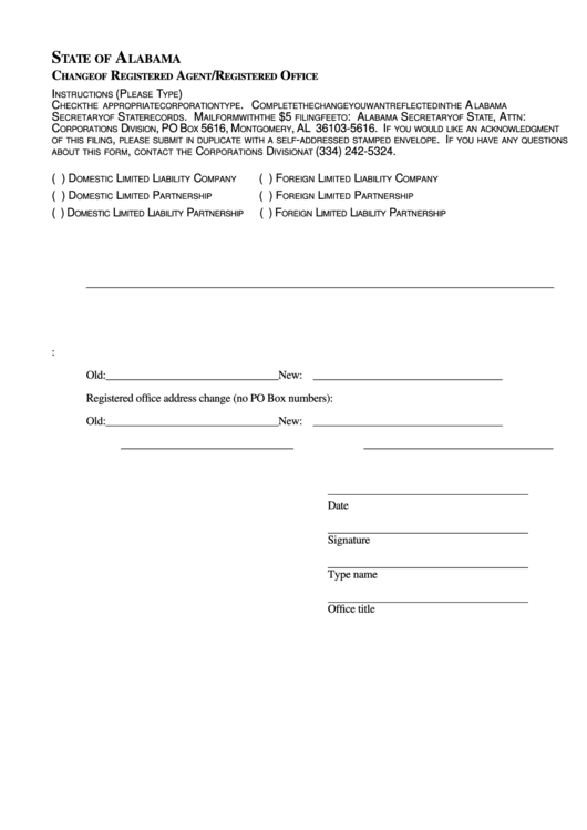 Change Of Registered Agent Form - Registered Office Printable pdf