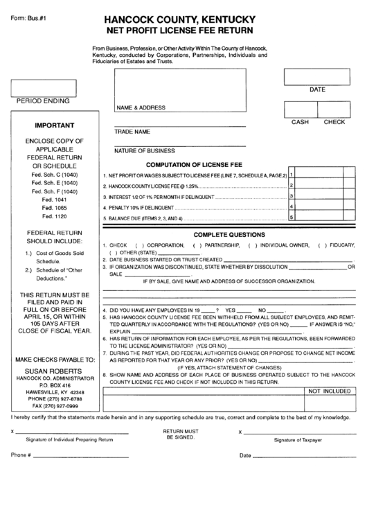 Form Bus. #1 - Net Profit License Fee Return Form - Hancock County - Kentucky Printable pdf