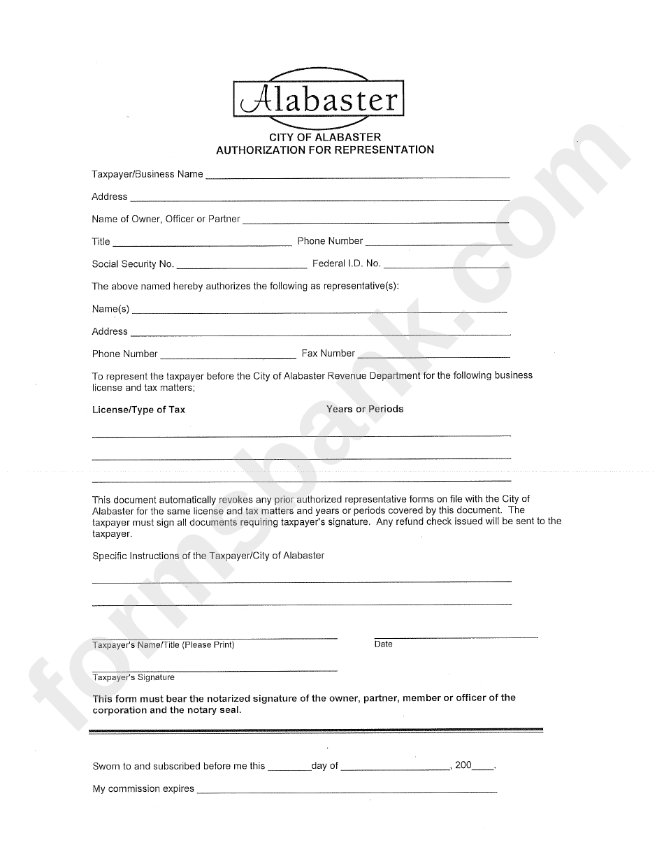 Authorisation Form For Representation - City Of Alabaster Revenue Department