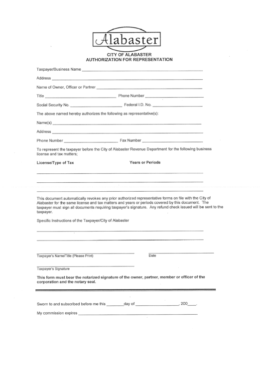 Authorisation Form For Representation - City Of Alabaster Revenue Department Printable pdf