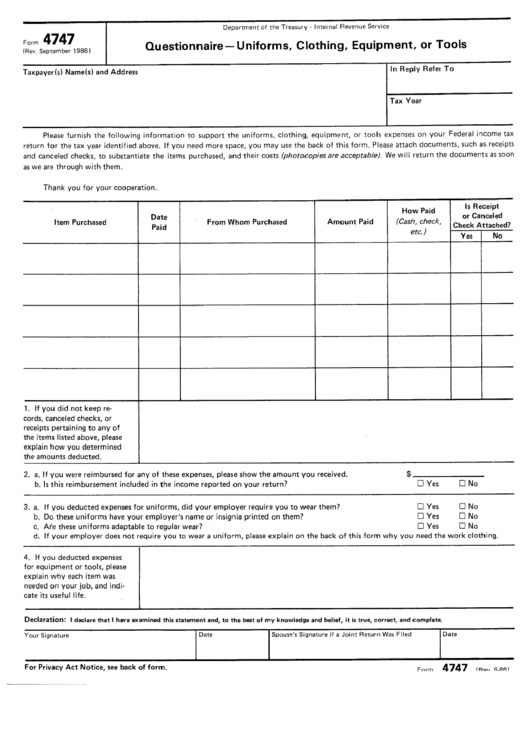 Form 4747 - Questionnaire Form - Uniforms, Clothing, Equipment Or Tools Printable pdf