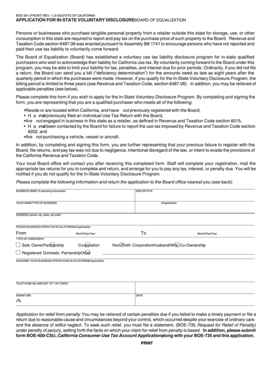 Form Boe-38-I -2005 - Application For In-State Voluntary Disclosure - Board Of Equalization State Of California Printable pdf