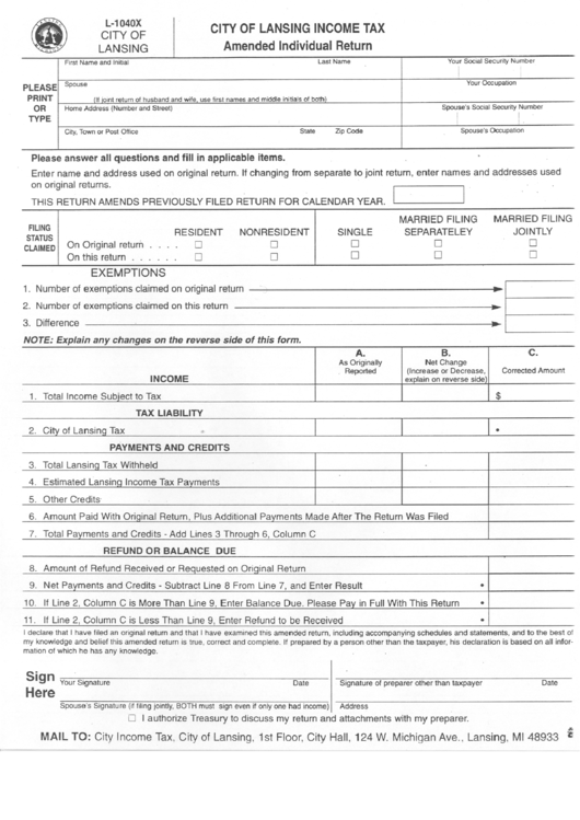 Form L-1040x - Amended Individual Return Form - City Of Lansing Printable pdf