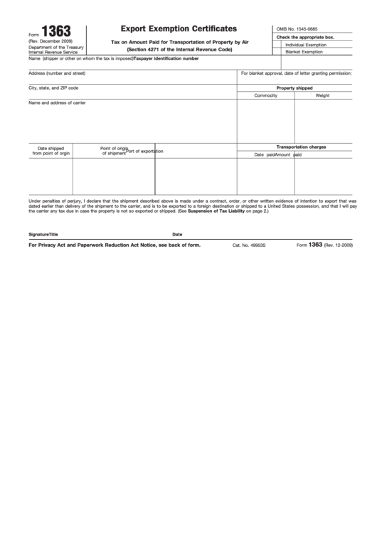 Fillable Form 1363 - Export Exemption Certificate Form Printable pdf