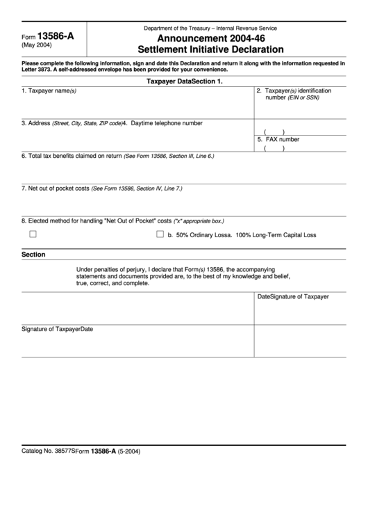 Fillable Form 13586-A - Announcement 2004-46 Settlement Initiative Declaration Printable pdf