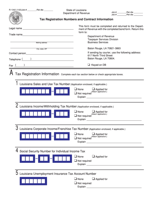 Fillable Form R-1342 - Tax Registration Numbers And Contract Information Form Printable pdf